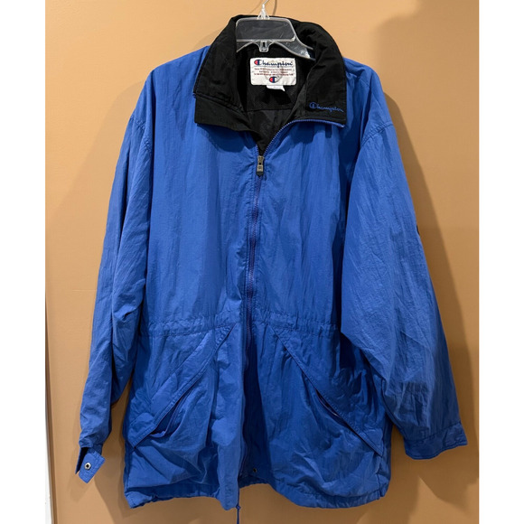 Vintage Champion Jacket Hoodie Windbreaker Large Blue Y2K Zip Pockets Mesh Lined - Picture 1 of 9